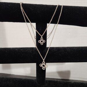 Retro Silver Tone Double Strand Dainty Flower Chain Statement Necklace
